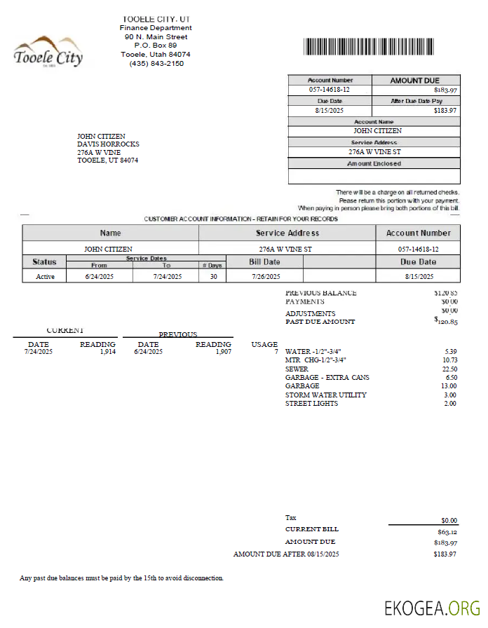 USA Tooele city utility bill template in Word and PDF formats